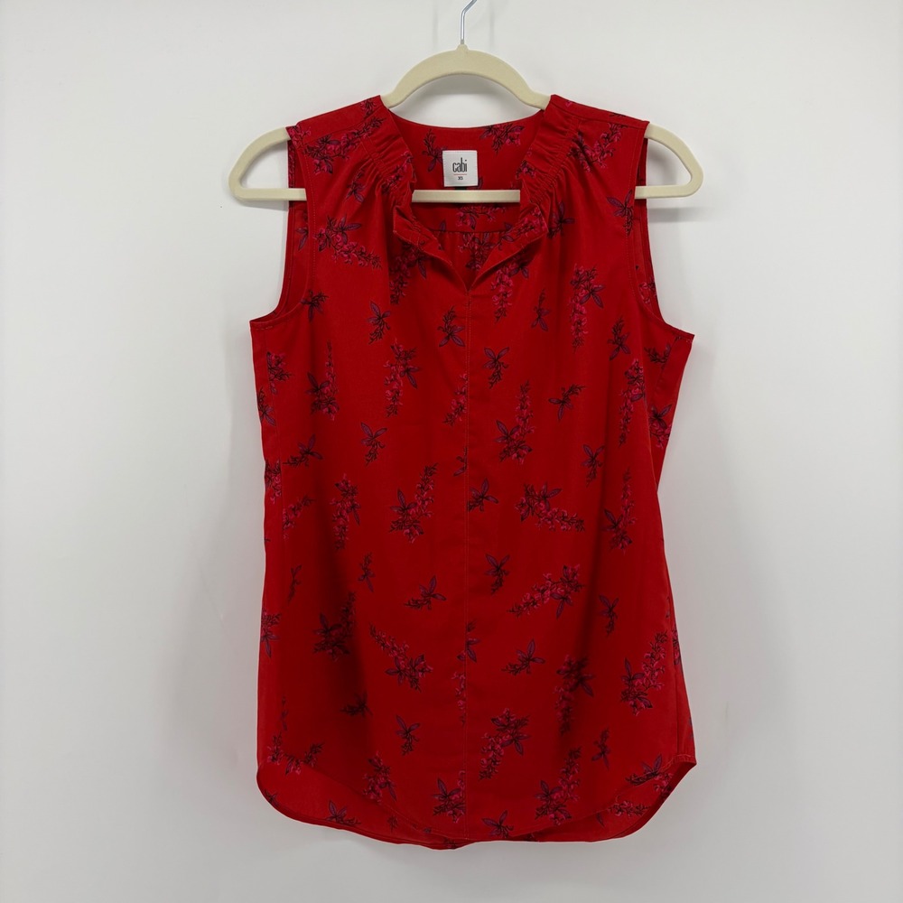 Cabi Womens XS Red Floral Sleeveless Blouse Ruffle Split Neck‎ Office Casual